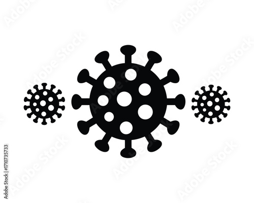 A vector illustration of three distinct black silhouette virus particles, representing concepts like pandemic, contagious disease, and microbiology