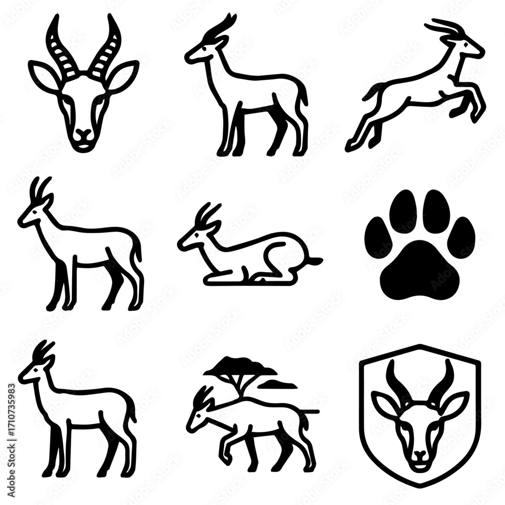 Obraz premium Simple Black Line Art of Various Springbok Animals.