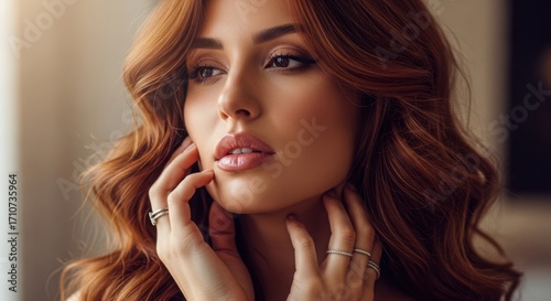 Portrait of a beautiful woman with auburn hair and jewelry