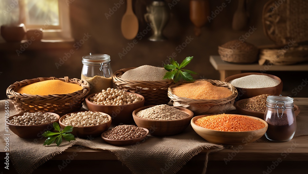 Fototapeta premium Rustic table laden with delicious foods and dishes warm evening light
