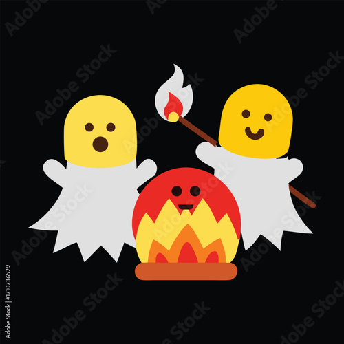 Two cute cartoon ghosts in white sheets with surprised and happy expressions gathered around a glowing campfire at night with a flaming marshmallow on a stick
