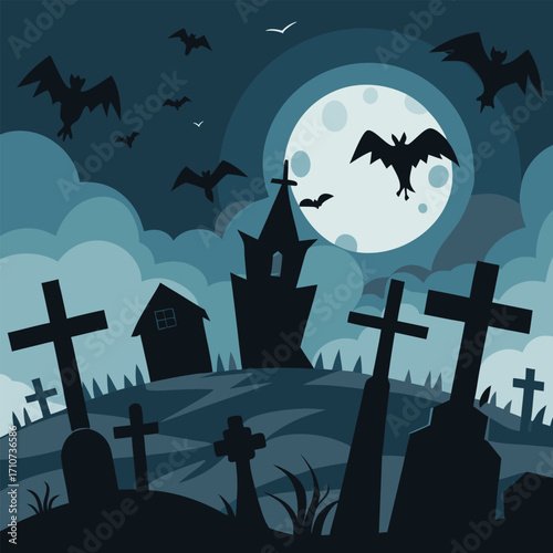 Spooky halloween night scene with a full moon silhouetted gravestones and crosses in a cemetery flying bats and a haunted house on a hill under a cloudy sky