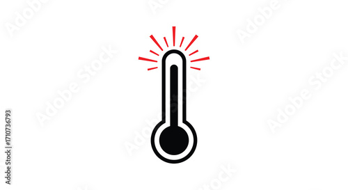 A simple black thermometer icon with red radiating heat lines above it
