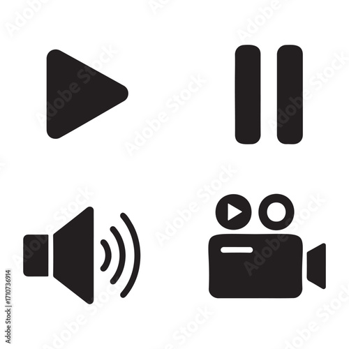 Media player controls including play, pause, volume, and video camera icons.