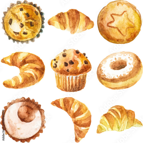 Vector watercolor painted sweet bakery clipart.