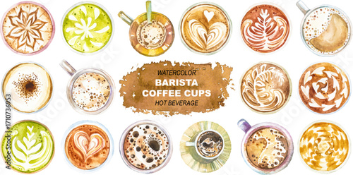 Watercolor painted barista coffee cups clipart