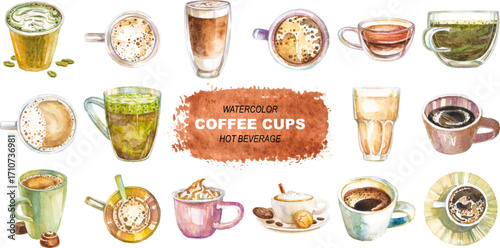 Vector watercolor painted coffee cups clipart.