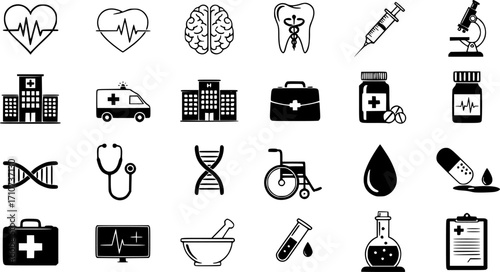 Medical icon set. Medical and Pharmaceutical icon set. Healthcare icon set. Hospital and medical care icon set