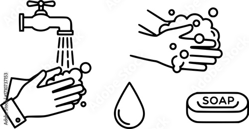 Wash your hands icons set. Hand washing icons set. Hand drawing with water tap, drop, soap bubble sign, vector illustration