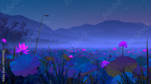 Magical glowing lotus flowers in neon light at night with starry sky and misty landscape creating a dreamy fantasy atmosphere