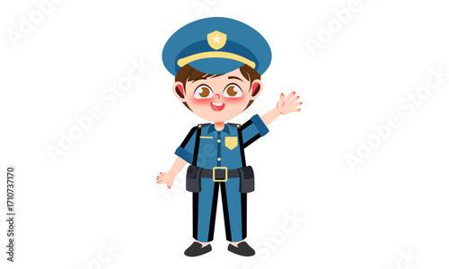 A friendly cartoon police officer character, wearing a blue uniform and hat, with a happy expression and waving.