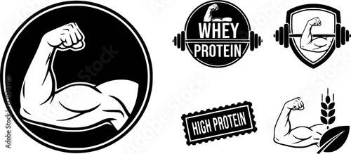 High protein icon. Muscle icon set flat style. Bicep muscle icon. Whey protein fitness logo, badge, symbol, stamp. Fitness nutrition for gym and muscles icon. Vector illustration
