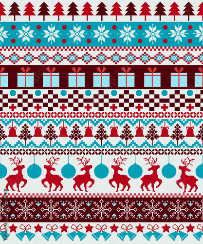 Knitted Christmas pattern seamless fabric Christmas winter. traditional pixel ethnic pattern vector winter style. Designed for background ,wallpaper ,carpet ,clothing ,embroidery