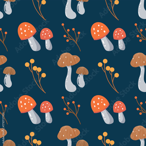 Mushroom pattern on a dark blue background. Simple seamless background with fly agarics, porcini mushrooms, and wild berries, neutral vector pattern. Whimsical minimalist autumn pattern. Flat vector