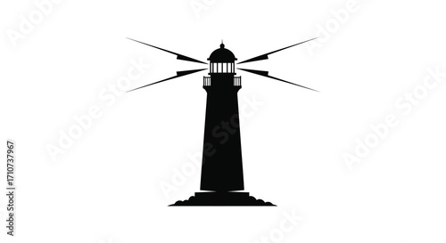 A striking black silhouette of a classic lighthouse with radiating light beams