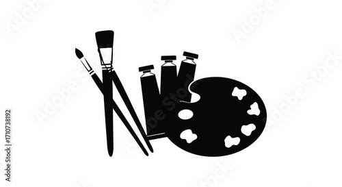 Art supplies including paintbrushes tubes and a palette illustration