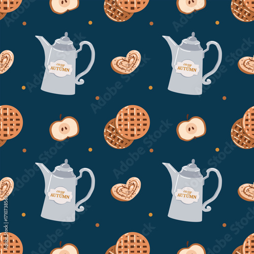 Vector seamless pattern with waffles, a retro teapot, baked goods, and an apple. Autumn pattern. Autumn baking. Cozy background for wallpaper, packaging, and wrapping paper. Vector flat illustration