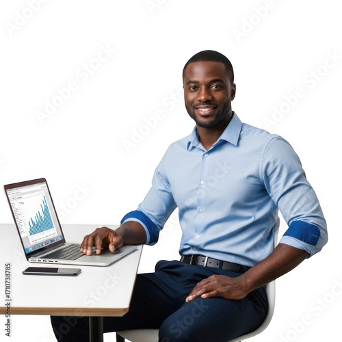 Professional black man smiling at desk with laptop showing financial chart data isolated on transparent background