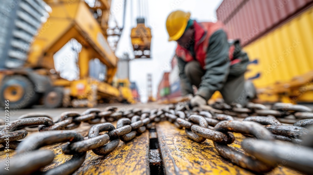 Obraz premium Side view of dock worker fastening heavyduty chains on container preparing shipment for crane lift amid busy dockside activity.