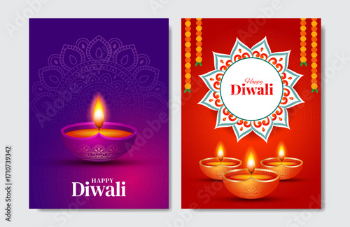 Happy Diwali social media post templates set. Diwali greeting card set vector illustration, banner, poster, flyer, background