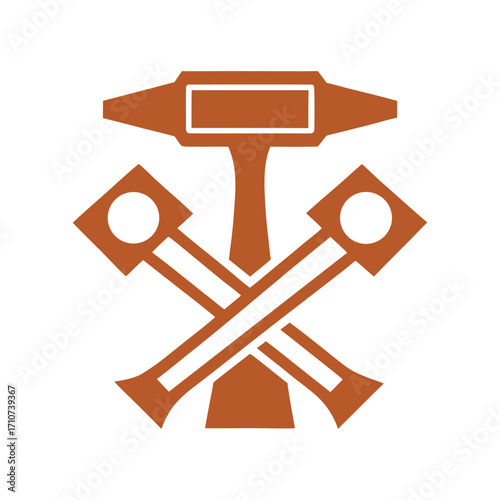 Orange hammer and crossed pistons symbol on white background engine mechanical