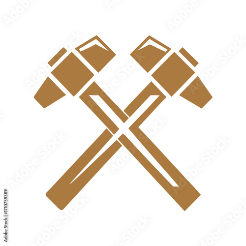 Two crossed golden hammers on white background tool