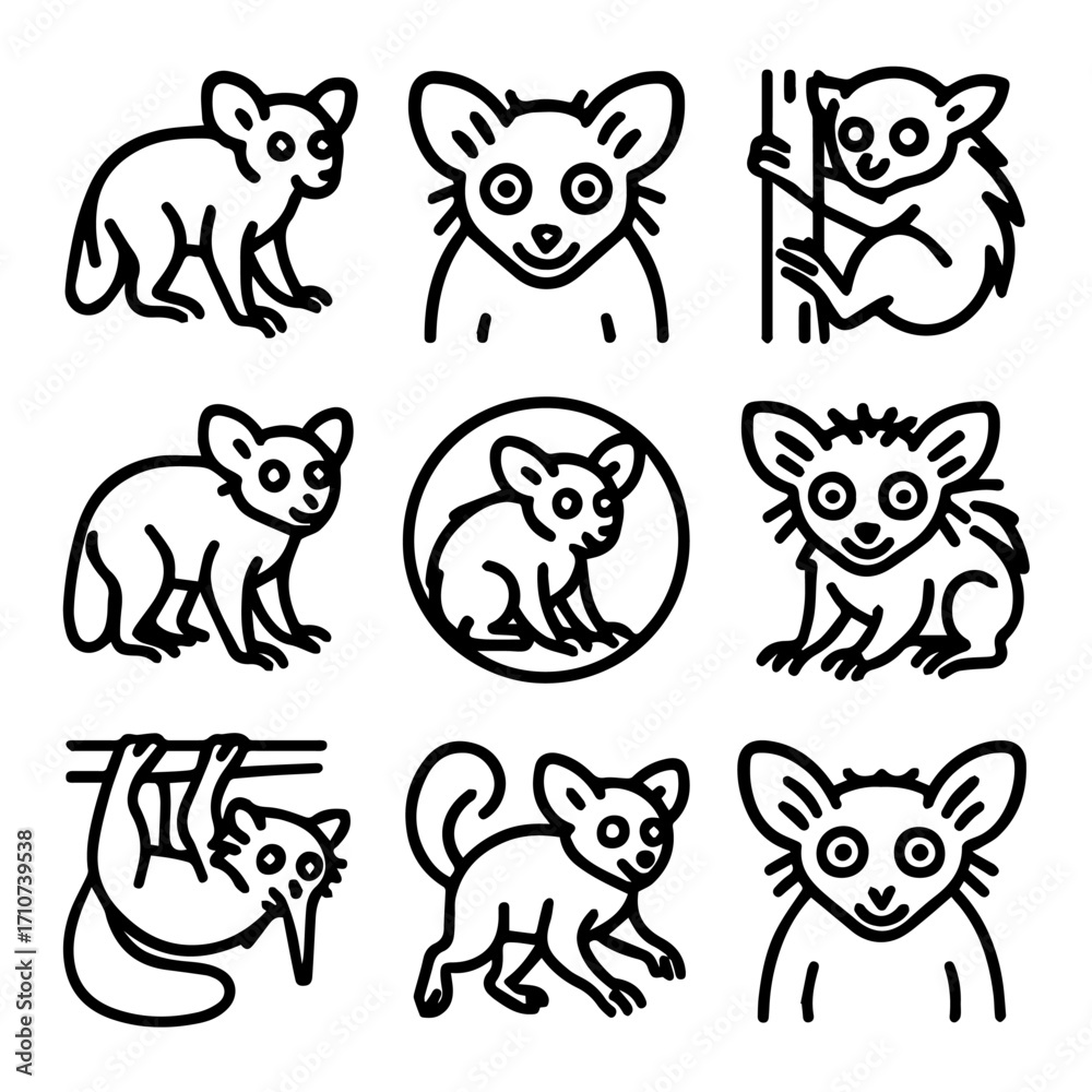 Obraz premium Stylized Lemur Icon Set Playful Black Outline Illustrations on Transparent Background.