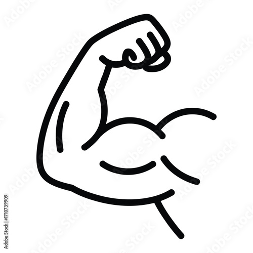 Minimalist flexing bicep muscle icon in black and white line drawing vector isolated design