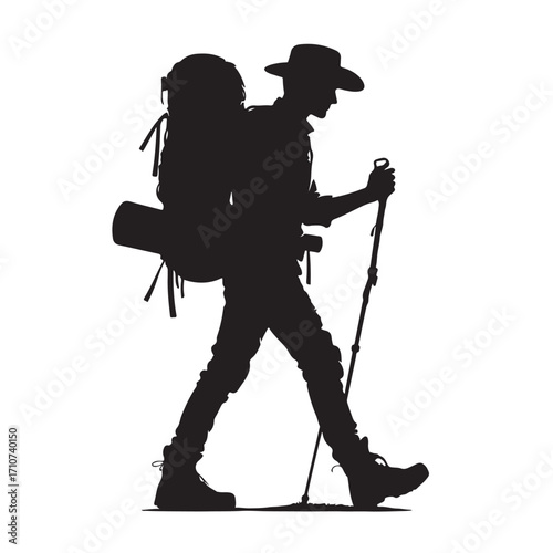 Hiker silhouette with backpack and walking stick