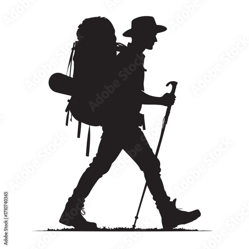 Hiker silhouette with backpack and walking stick