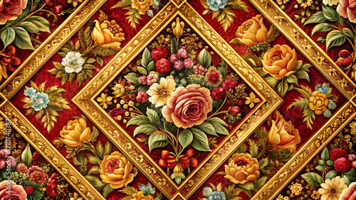 Luxury floral pattern with golden frame, vintage decorative textile design with roses and ornate detail
