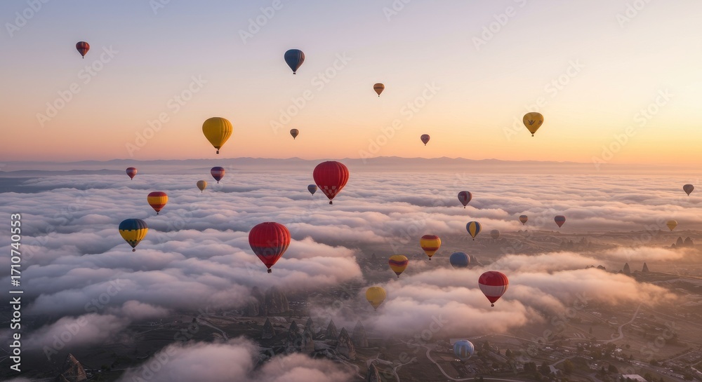 Naklejka premium colorful hot air balloons floating peacefully in the clear blue sky