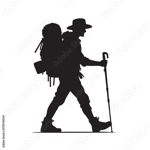 Hiker silhouette with backpack and walking stick