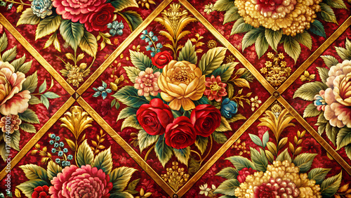 Luxury Vintage Floral Pattern with Ornamental Roses and Peonies on Elegant Red Background