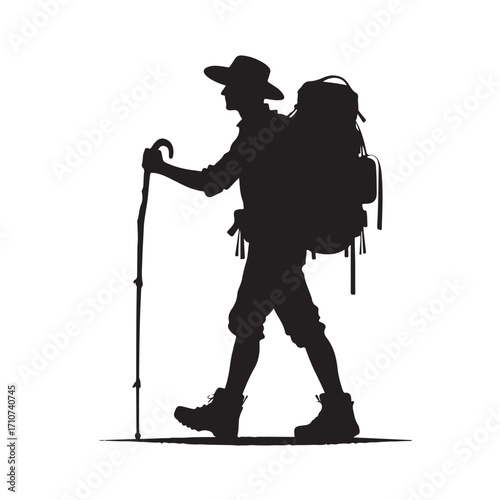 Hiker silhouette with backpack and walking stick