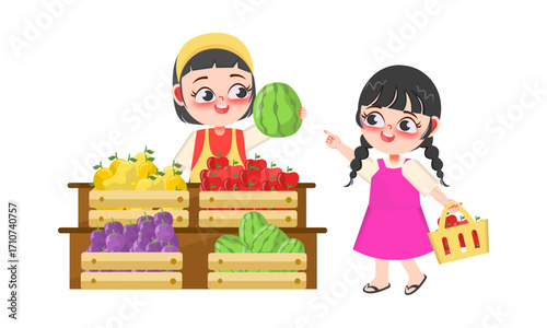 A cartoon girl with a shopping basket buys a watermelon from a friendly female vendor at a fresh fruit and vegetable market stall.