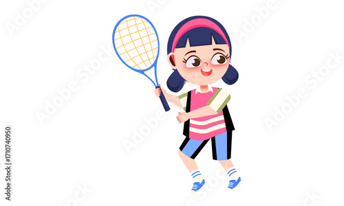 A cheerful cartoon girl with dark hair and a pink striped shirt, holding a tennis racket, ready to play tennis.