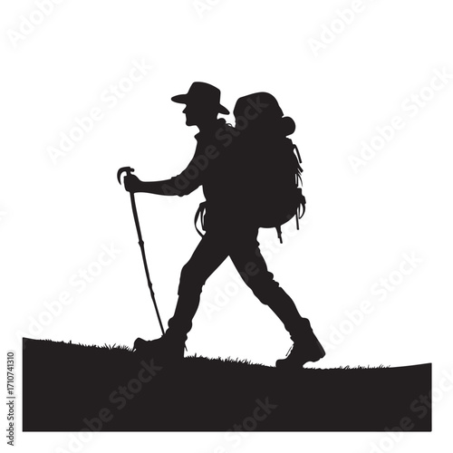 Hiker silhouette with backpack and walking stick