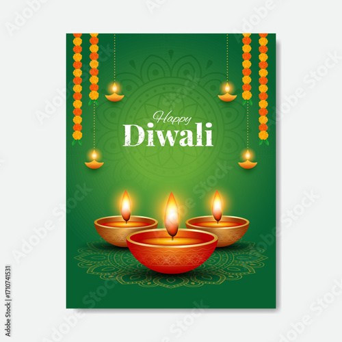 Indian Traditional floral garland with marigold flowers and mandala, oil lamp background, flyer, greetings, invitation card
