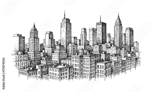 Hand Drawn Architectural Sketch of a Major Metropolitan Cityscape with Skyscrapers, Urban Skyline Vector Illustration
