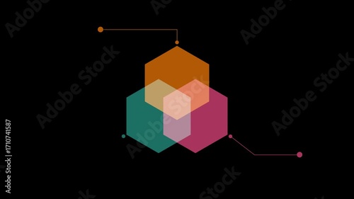 Abstract 3 step venn diagram with callout symbol animation. Diagram and callout sign animated on black background.