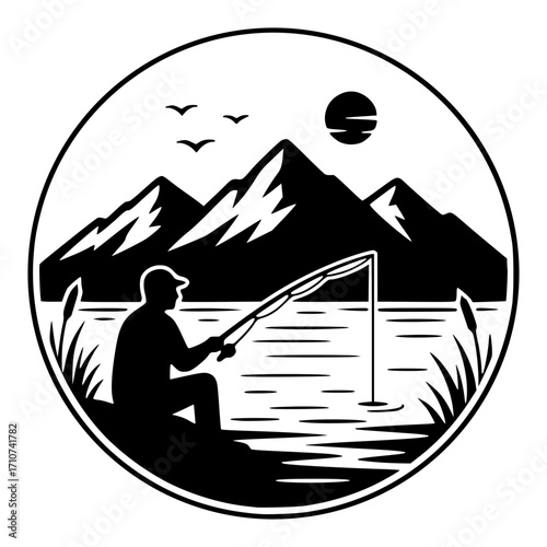 Man Fishing with Mountains and Sun, Fishing SVG, Outdoor SVG, Nature SVG, Landscape SVG