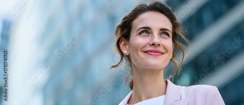 Confident professional woman smiling urban business district portrait photography bright environment upbeat perspective optimistic outlook