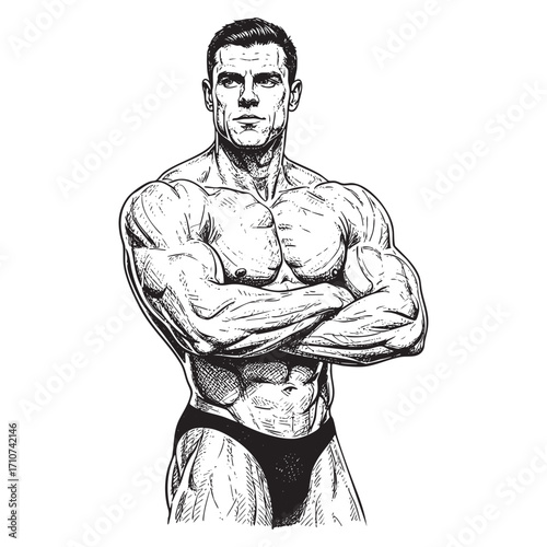 Muscular Male Bodybuilder with Arms Crossed in a Posed Stance, Hand Drawn Fitness and Gym Vector Illustration