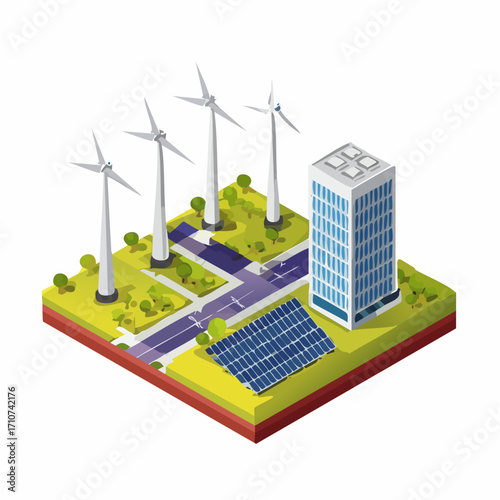 Isometric Green Energy Building and Wind Turbines
