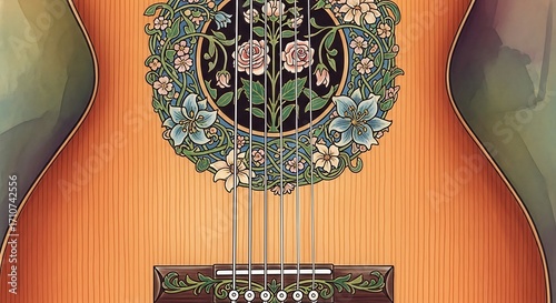 Close up of a vintage acoustic guitar with floral inlay.
