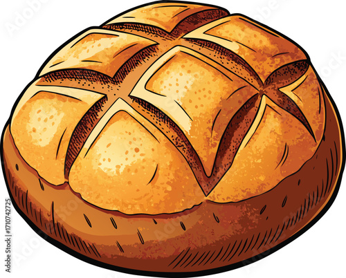 Rustic artisanal loaf of bread with golden brown crust and scored top baking