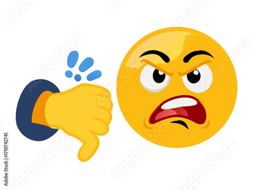 Smiley emoji angry characters vector design. Emoji smiley of mad and shouting disagreement with thumbs down hand gesture. Vector illustration.
