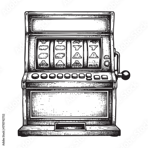 Classic One-Armed Bandit Slot Machine in a Retro Hand Drawn Sketch Style, Casino Gambling Vector Illustration