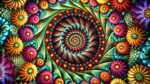 Colorful Spiral Floral Abstract Pattern with Psychedelic Mandala Design  on  geometric background